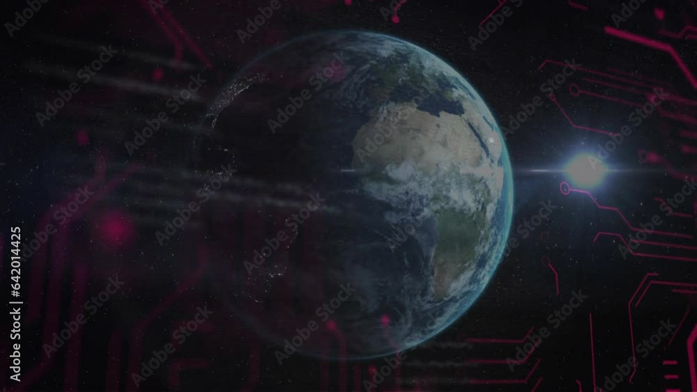 Poster animation of computer language and circuit board pattern over lens flares and rotating globe