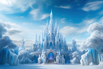 Magic Castle in a winter wonderland. Fantasy snowy landscape. Winter castle on the mountain, winter forest. - obrazy, fototapety, plakaty