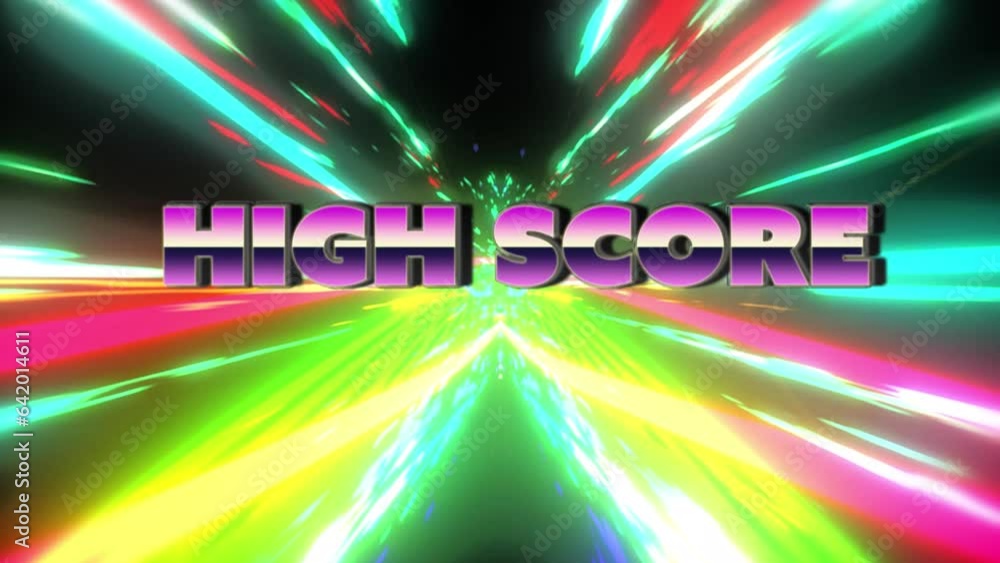 Poster animation high score text over multicolored abstract pattern against black background