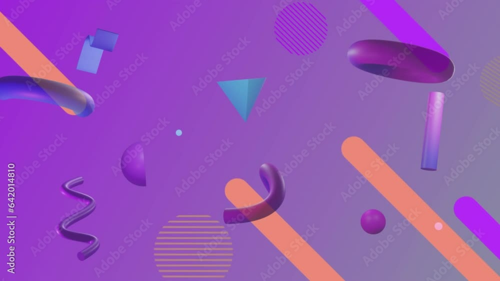 Wall mural animation of colourful various geometric objects rotating on purple background