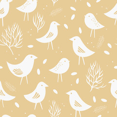 Vintage seamless pattern with birds, flowers, leaves, branch, isolated on soft yellow background.