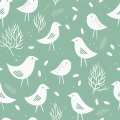 Seamless pattern with birds and plants. Light green wallpaper. Monochrome nature backgroung. .