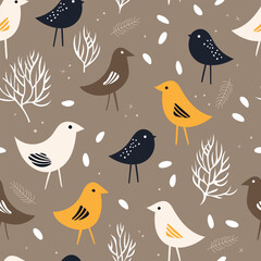 Birds seamless pattern with abstract flowers, leaves and berries. Garden print, textile or wallpapers.