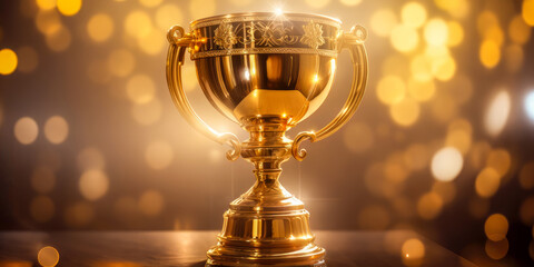 Winner trophy with abstract bokeh light background. Gold Trophy competition on abstract blurred light background with copy space, Spectacular success Concept. Generative AI