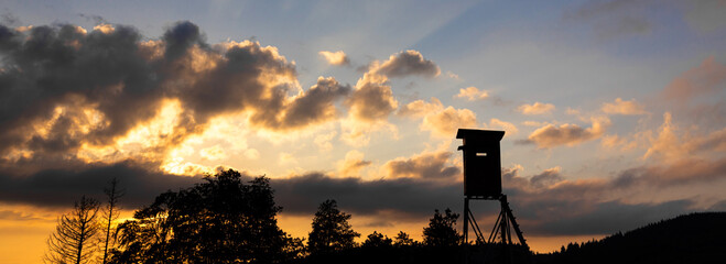a perch silhouette in sundown panorama