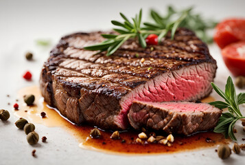 Juicy sliced steak medium rare beef with spices on light background. Commercial promotional food photo