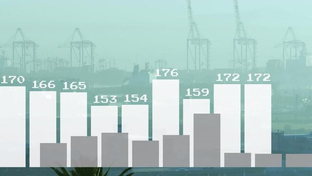 Animation of graphs and numbers moving over silhouette cranes over under sky