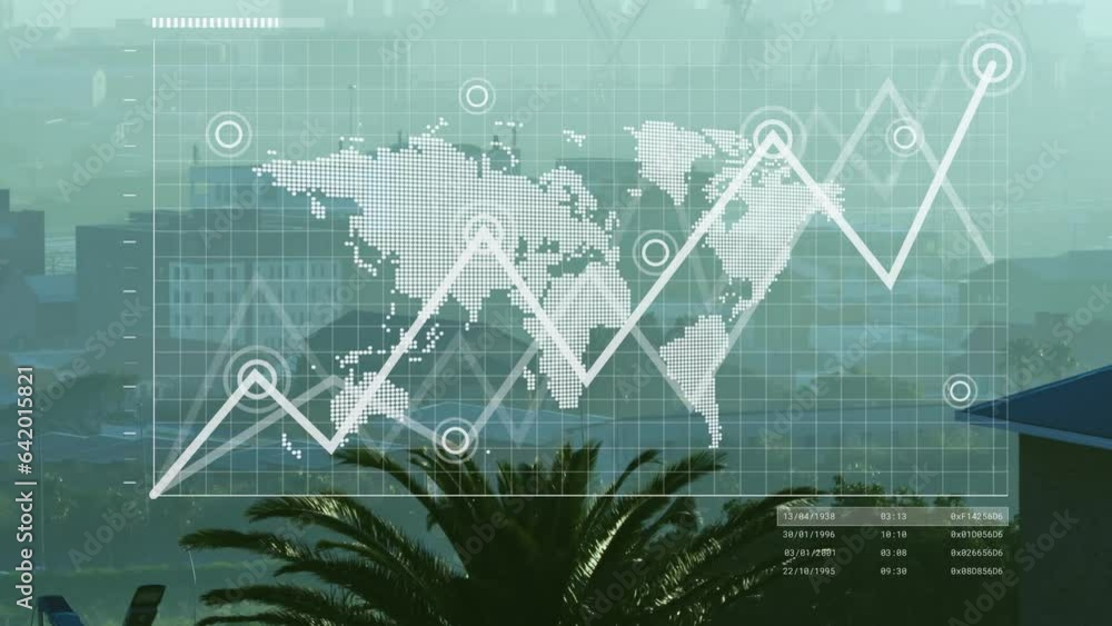 Poster animation of graphs and map over aerial view of cityscape and cranes