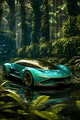 futuristic car in the forest