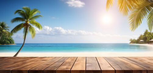Wooden table top with the blurred tropical beach landscape for display or montage your products. AI generative.