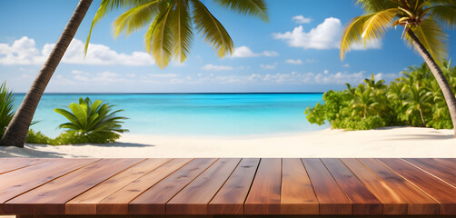 Wooden table top with the blurred tropical beach landscape for display or montage your products. AI...