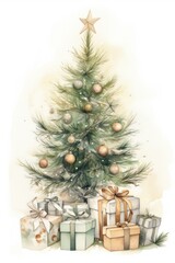christmas concept. Christmas tree and gifts, painted in watercolor technique, in neutral colors