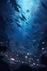 Fototapeta na wymiar Japanese anime style, fish at the bottom of the sea, dark blue tones