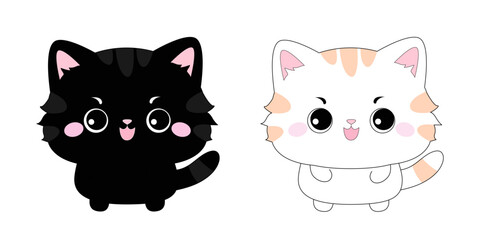 Black and white cat set. Head face silhouette icon. Kitten with big eyes. Cute cartoon funny baby character. Kawaii animal. Pet collection. Sticker print. Flat design. White background. Isolated.