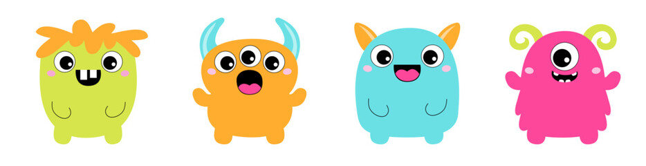 Monster set line. Happy Halloween. Cute face with horns, teeth, eyes. Silhouette monsters. Cartoon kawaii funny boo character. Childish baby collection. T-shirt design. White background. Flat design.