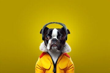 French bulldog listening to music dressed up on yellow background