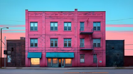 building in the city, Pink light, tall brick building with red metal trim, in the style of neon hallucinations, landscapes, raw street photography, 