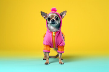 Chihuahua dressed up on yellow background
