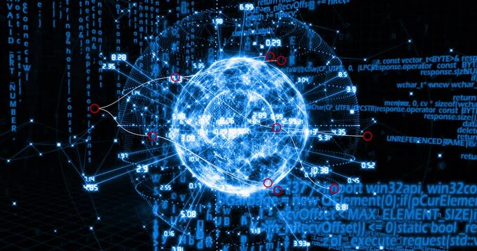 Animation of globe with numbers rotating over binary codes and programming language