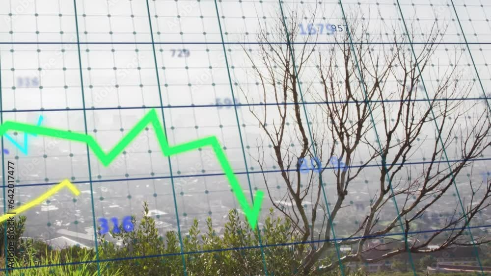 Poster animation of line graphs and numbers with grid moving over aerial view of landscape