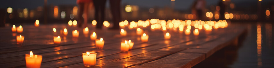 Romantic Luminescence: Array of Candles Aglow on a Rustic Wooden Floor for a Wedding Ambiance. AI Generative