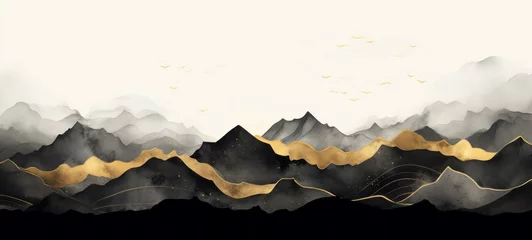 Rolgordijnen Black gray color watercolor abstract brush painting art of beautiful mountains, mountain peak minimalism landscape with golden lines, panorama banner illustration, white background © Corri Seizinger