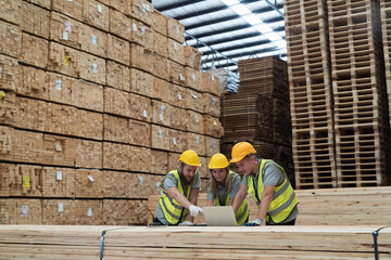 Male and female warehouse workers working and inspecting quality of plank of wood on shelves pallet...