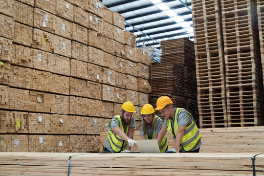 Male and female warehouse workers working and inspecting quality of plank of wood on shelves pallet at wooden warehouse storage. Group of warehouse workers discussing, checking products in warehouse