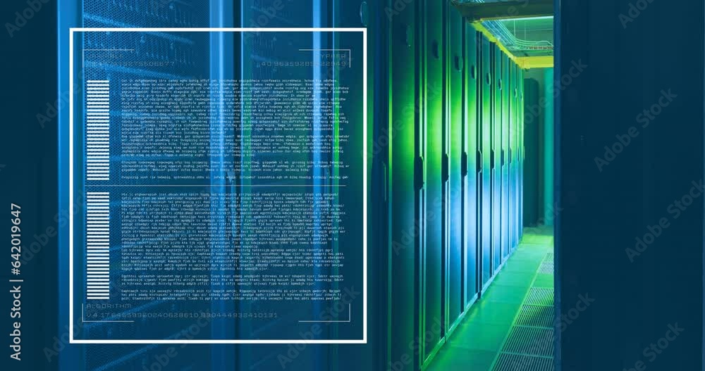 Poster animation of loading bars and computer language over data server room