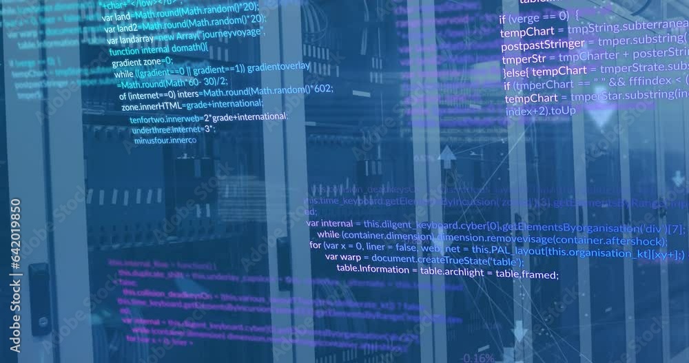 Poster animation of computer language and connected icons over data server racks in server room