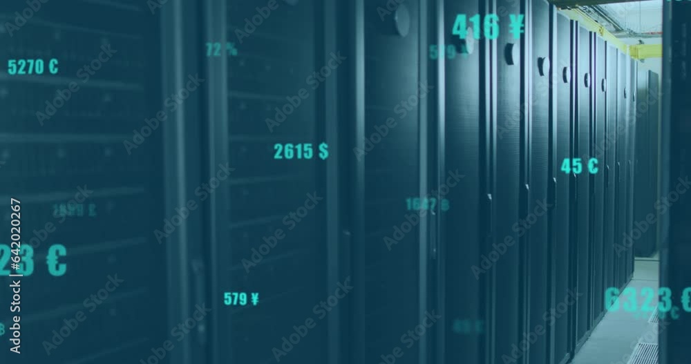 Poster animation of changing numbers with currency symbols over data server room