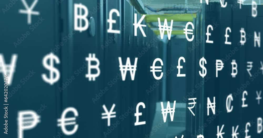 Poster animation of multiple currency symbols over data server racks in server room