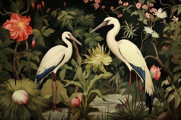 Crane birds with exotic, tropical background