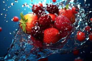 Delicious Berry Splash: Red Strawberries in Motion with Refreshing Water.