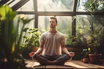 Fotobehang A young man in a training top t-shirt and joggers sitting in yoga asana lotus pose meditating in a sunlit room with green plants © Romana