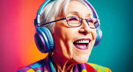Happy elderly woman listening to music on colorful background. old age grandmother and joy....