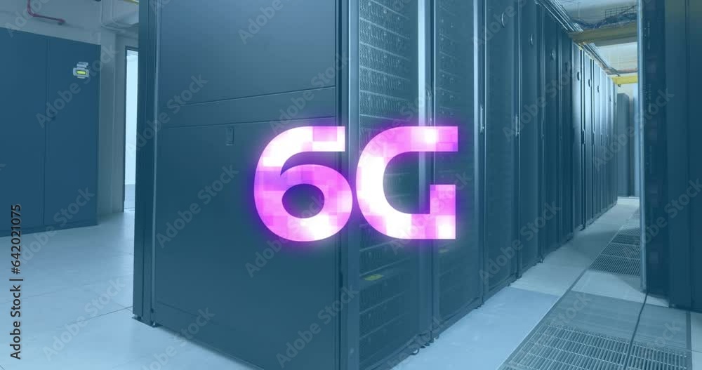 Poster animation of 6g text over data server systems in server room
