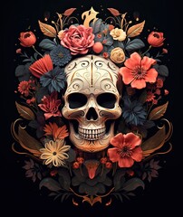 Skull and Flowers Day of The Dead on dark background. Generative AI