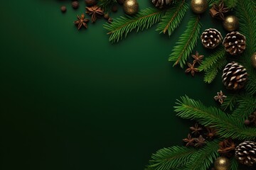 A festive green Christmas background with vibrant pine cones and sparkling ornaments