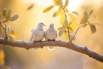 Two white birds perched on a tree branch