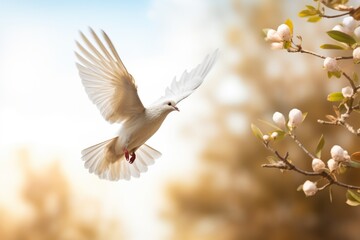 Obraz premium A bird in flight over a vibrant flower-filled tree