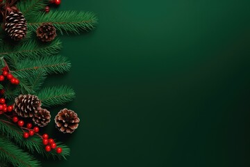 Pine cones and berries on a vibrant green background