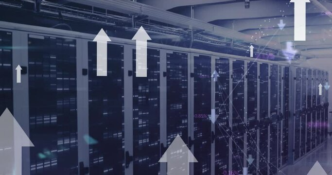 Animation arrow moving upwards over illuminating data server racks