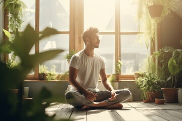 Fototapeta na wymiar A young man in a training top t-shirt and joggers sitting in yoga asana lotus pose meditating in a sunlit room with green plants