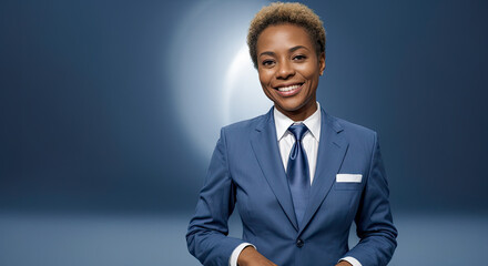 splash screen with portrait of popular woman talk show, news program or entertainment host in blue suit on blue background. attractive middle aged african woman. Generative AI - obrazy, fototapety, plakaty