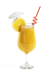 Coctail glass with red straw, orange slice and a coctail umbrella isolated on white background. 3D illustration