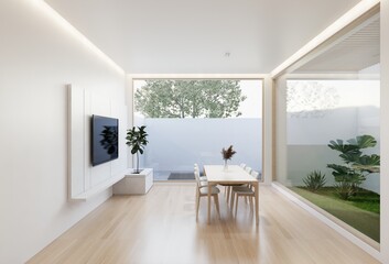 minimal interior of the living room with a white base tone. 3D illustration render