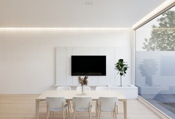 minimal interior of the living room with a white base tone. 3D illustration render