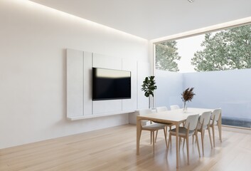 minimal interior of the living room with a white base tone. 3D illustration render