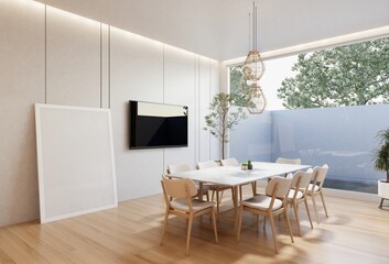 minimal interior of the living room with a white base tone. 3D illustration render
